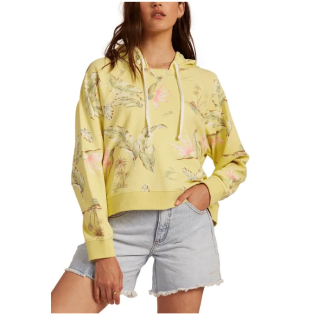 Billabong Surfline Tropical Palm Feather Hoodie Size L Yellow Lemongrass